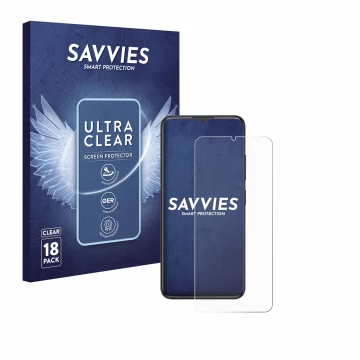 Front side of a product packaging with the brand logo Savvies. Next to it is the device ZTE Blade A34 shown with the correspon