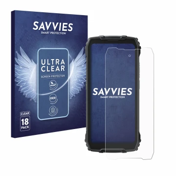 Front side of a product packaging with the brand logo Savvies. Next to it is the device Blackview BV7300 shown with the corres