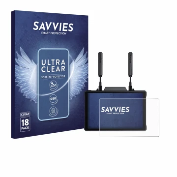 Front side of a product packaging with the brand logo Savvies. Next to it is the device Hollyland Pyro 7 shown with the corres