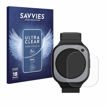 Front side of a product packaging with the brand logo Savvies. Next to it is the device Xplora X6Pro shown with the correspond