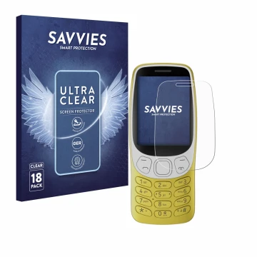 Front side of a product packaging with the brand logo Savvies. Next to it is the device Nokia 3210 shown with the correspondin