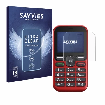 Front side of a product packaging with the brand logo Savvies. Next to it is the device Doro Leva L10 shown with the correspon