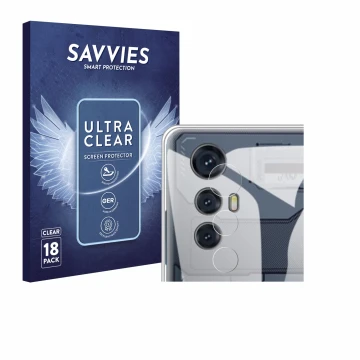 Front side of a product packaging with the brand logo Savvies. Next to it is the device Cubot Max 5 (ONLY Camera) shown with t