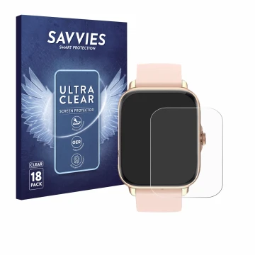 Front side of a product packaging with the brand logo Savvies. Next to it is the device Janolty Smartwatch 1.83