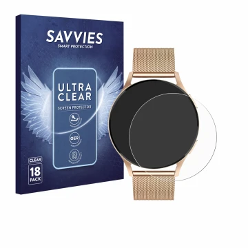 Front side of a product packaging with the brand logo Savvies. Next to it is the device Levowatch Edgy 1.43