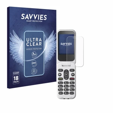 Front side of a product packaging with the brand logo Savvies. Next to it is the device Doro 2820 shown with the corresponding