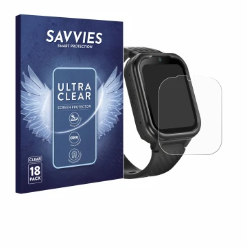 Front side of a product packaging with the brand logo Savvies. Next to it is the device RAYOFI Kids Smartwatch shown with the 