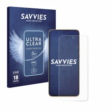 Front side of a product packaging with the brand logo Savvies. Next to it is the device Motorola Edge 50 Neo shown with the co
