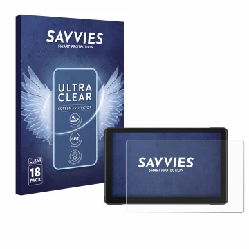 Front side of a product packaging with the brand logo Savvies. Next to it is the device Podofo Motorrad Carplay 7