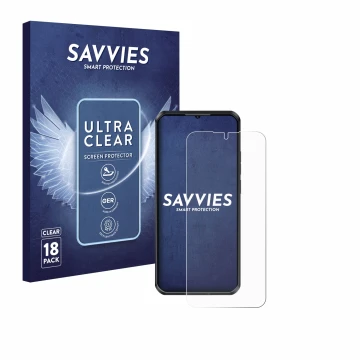 Front side of a product packaging with the brand logo Savvies. Next to it is the device Oukitel WP52 shown with the correspond