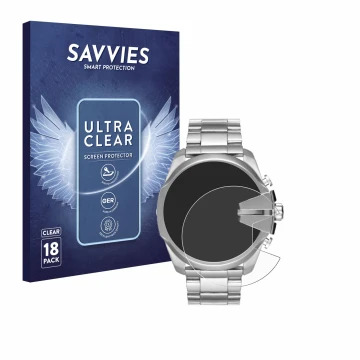 Front side of a product packaging with the brand logo Savvies. Next to it is the device Diesel Mega Chief DZ4417 shown with th