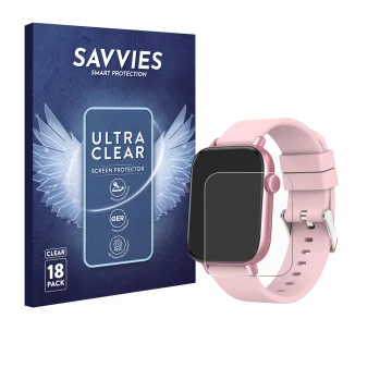 Front side of a product packaging with the brand logo Savvies. Next to it is the device Ombar Smartwatch 1.9