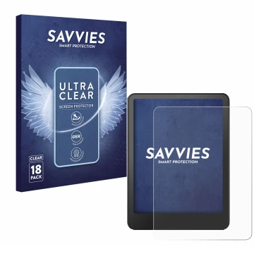 Front side of a product packaging with the brand logo Savvies. Next to it is the device Amazon Kindle Paperwhite 2024 (12. Gen