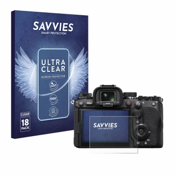 Front side of a product packaging with the brand logo Savvies. Next to it is the device Sony Alpha 1 II (ILCE1M2B) shown with 