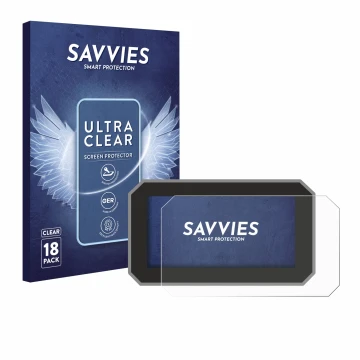 Front side of a product packaging with the brand logo Savvies. Next to it is the device Suzuki V-Strom 800DE 2024 shown with t