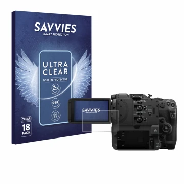 Front side of a product packaging with the brand logo Savvies. Next to it is the device Canon EOS C400 shown with the correspo