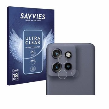 Front side of a product packaging with the brand logo Savvies. Next to it is the device Motorola Edge 50 Neo (ONLY Camera Lens