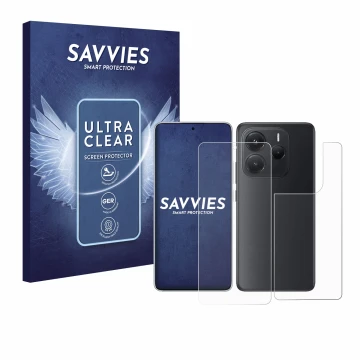 Front side of a product packaging with the brand logo Savvies. Next to it is the device Xiaomi Redmi Note 14 (Front+Back) show