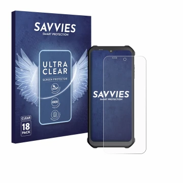 Front side of a product packaging with the brand logo Savvies. Next to it is the device Sonim XP400 shown with the correspondi