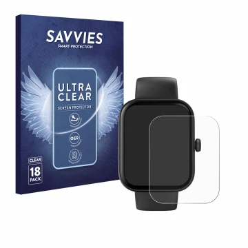 Front side of a product packaging with the brand logo Savvies. Next to it is the device Hama Fit Watch 5000 shown with the cor