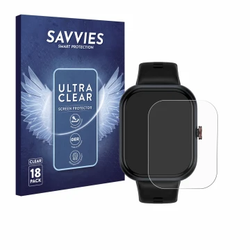 Front side of a product packaging with the brand logo Savvies. Next to it is the device Honor Choice Connected Watch shown wit