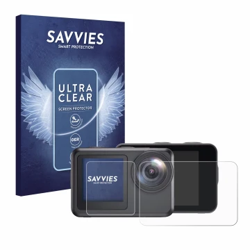 Front side of a product packaging with the brand logo Savvies. Next to it is the device Akaso Brave 7 LE shown with the corres