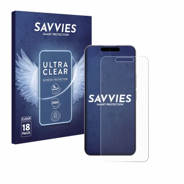 Front side of a product packaging with the brand logo Savvies. Next to it is the device Oukitel P1 shown with the correspondin