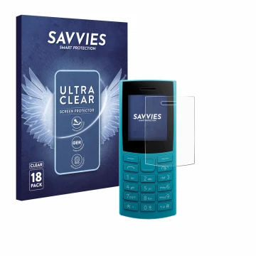 Front side of a product packaging with the brand logo Savvies. Next to it is the device Nokia 105 4G 2nd Edition shown with th