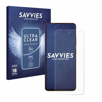 Front side of a product packaging with the brand logo Savvies. Next to it is the device realme 14x shown with the correspondin