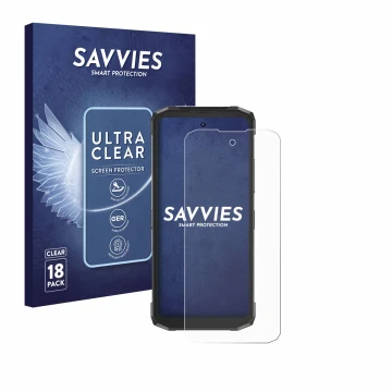 Front side of a product packaging with the brand logo Savvies. Next to it is the device Doogee Fire 6 Power shown with the cor