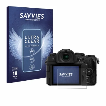Front side of a product packaging with the brand logo Savvies. Next to it is the device Panasonic Lumix DC-G97 shown with the 