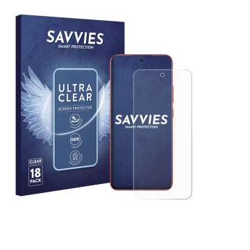 Front side of a product packaging with the brand logo Savvies. Next to it is the device Oppo A5 Pro shown with the correspondi