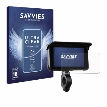 Front side of a product packaging with the brand logo Savvies. Next to it is the device Midland Bike-Play-Guardian shown with 