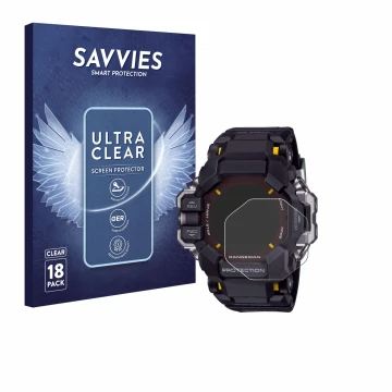 Front side of a product packaging with the brand logo Savvies. Next to it is the device Casio G-Shock GPR-H 1000 shown with th