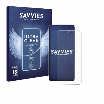 Front side of a product packaging with the brand logo Savvies. Next to it is the device Xiaomi Poco M7 Pro shown with the corr