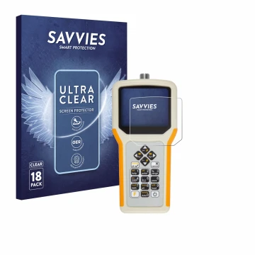 Front side of a product packaging with the brand logo Savvies. Next to it is the device RigExpert AA-55 Zoom shown with the co