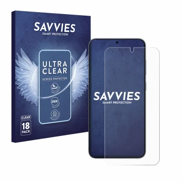 Front side of a product packaging with the brand logo Savvies. Next to it is the device Samsung Galaxy S25 Plus shown with the