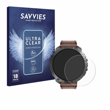 Front side of a product packaging with the brand logo Savvies. Next to it is the device Polar Grit X2 Pro Titan shown with the