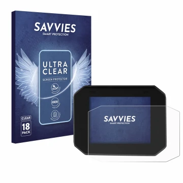 Front side of a product packaging with the brand logo Savvies. Next to it is the device Moto Guzzi Stelvio 2024 shown with the