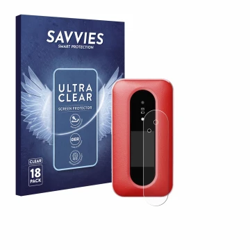 Front side of a product packaging with the brand logo Savvies. Next to it is the device Doro Leva L30 (Outer display) shown wi