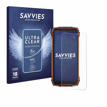 Front side of a product packaging with the brand logo Savvies. Next to it is the device Blackview Oscal Pilot 1 shown with the
