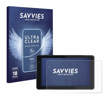 Front side of a product packaging with the brand logo Savvies. Next to it is the device Lisciani Mio Tab 7 shown with the corr