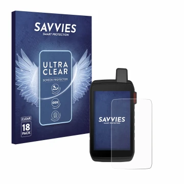 Front side of a product packaging with the brand logo Savvies. Next to it is the device Garmin Montana 710i shown with the cor