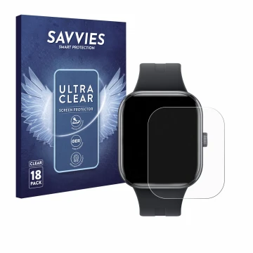 Front side of a product packaging with the brand logo Savvies. Next to it is the device Xiaomi Redmi Watch 5 shown with the co