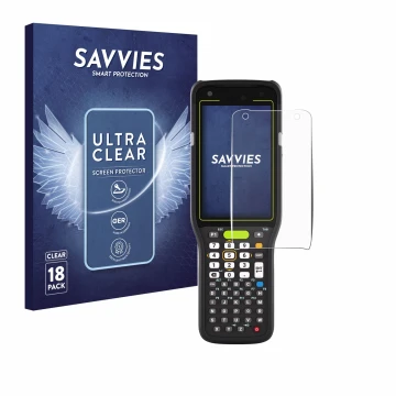 Front side of a product packaging with the brand logo Savvies. Next to it is the device Zebra MC3400 shown with the correspond