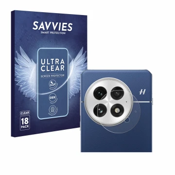 Front side of a product packaging with the brand logo Savvies. Next to it is the device OnePlus 13 (ONLY Camera Lens) shown wi