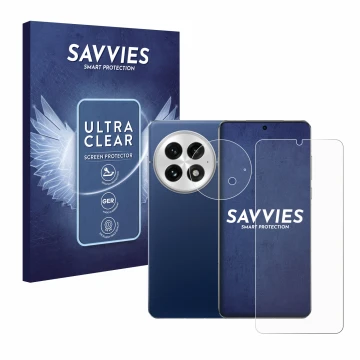Front side of a product packaging with the brand logo Savvies. Next to it is the device OnePlus 13 (Front+Camera) shown with t