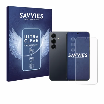 Front side of a product packaging with the brand logo Savvies. Next to it is the device Samsung Galaxy S25 (Front+Camera) show