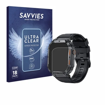 Front side of a product packaging with the brand logo Savvies. Next to it is the device bedee Smartwatch 1.96