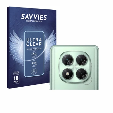 Front side of a product packaging with the brand logo Savvies. Next to it is the device Xiaomi Poco X7 (ONLY Camera) shown wit